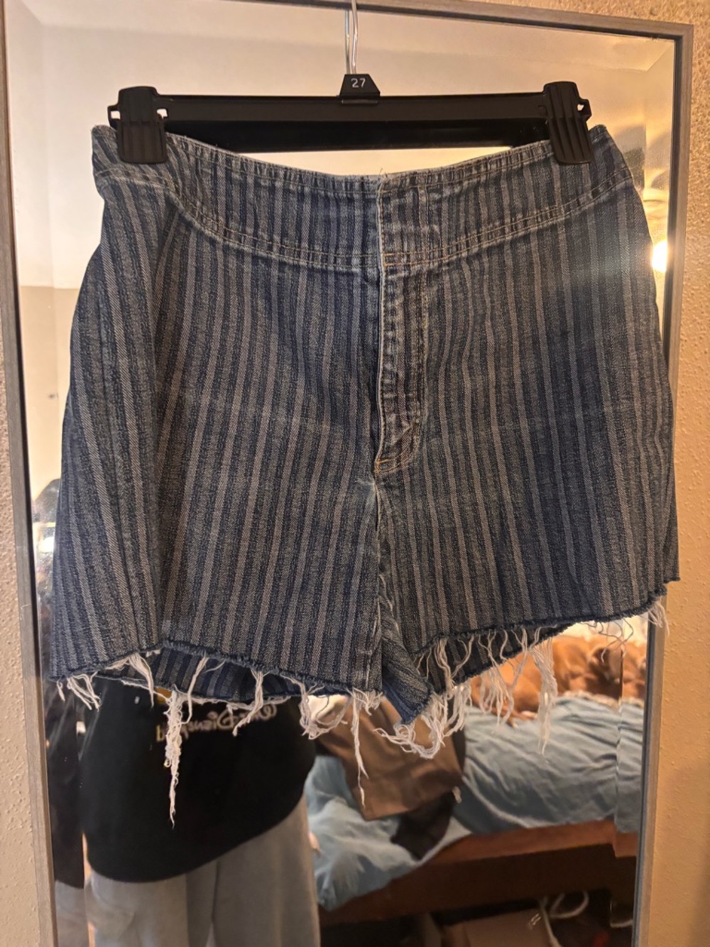 Liz Claiborne Striped Blue Denim Fringe-Hem Shorts